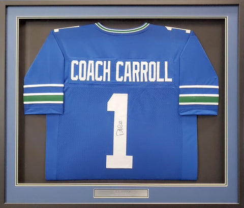 Seahawks Pete Carroll Autographed Framed Blue Throwback Jersey Beckett #AA01159