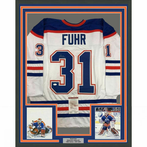 FRAMED Autographed/Signed GRANT FUHR 33x42 Edmonton White Hockey Jersey JSA COA