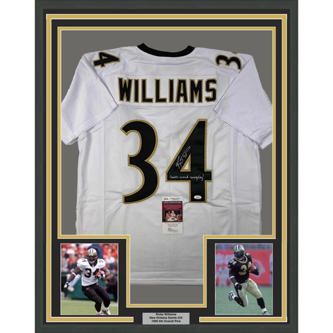 Framed Autographed/Signed Ricky Williams 33x42 White Football Jersey JSA COA