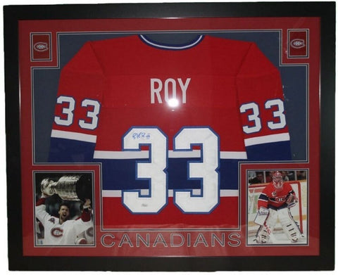 Patrick Roy Signed Canadiens 35.5" x 43.5" Custom Framed Jersey (JSA COA)