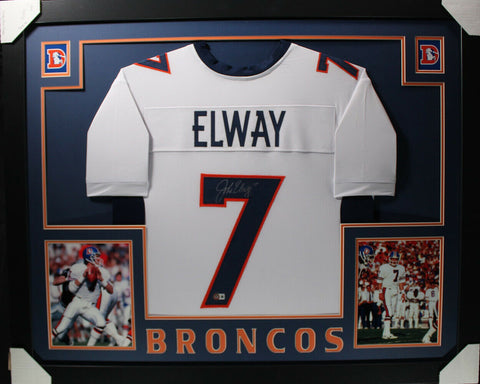 John Elway Autographed/Signed Pro Style Framed White XL Jersey Beckett 35345
