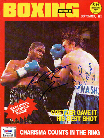 Riddick Bowe & Pierre Coetzer Autographed Boxing World Magazine Cover PSA S50829
