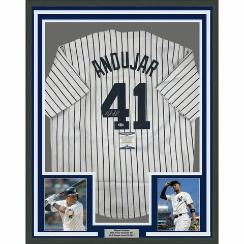 FRAMED Autographed/Signed MIGUEL ANDUJAR 33x42 New York Pinstripe Jersey BAS COA