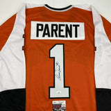 Autographed/Signed Bernie Parent Philadelphia Orange Hockey Jersey JSA COA