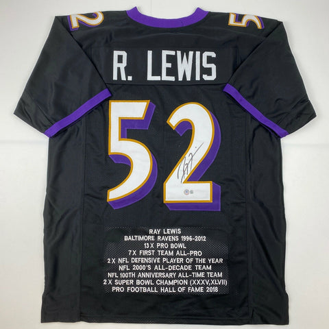 Autographed/Signed Ray Lewis Baltimore Black Stat Football Jersey Beckett COA