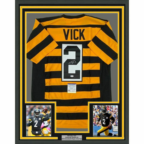 FRAMED Autographed/Signed MICHAEL MIKE VICK 33x42 Pittsburgh BB Jersey PSA COA