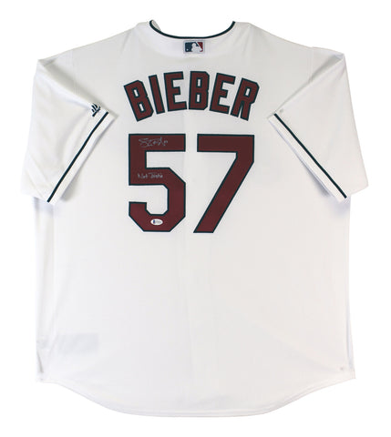 Indians Shane Bieber "Not Justin" Signed White Majestic Cool Base Jersey BAS Wit