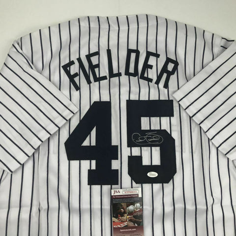 Autographed/Signed CECIL FIELDER New York Pinstripe Baseball Jersey JSA COA Auto
