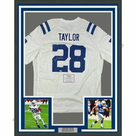FRAMED Autographed/Signed JONATHAN TAYLOR 33x42 Colts White Jersey Fanatics COA