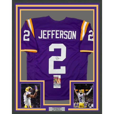 Framed Autographed Justin Jefferson 33x42 LSU Purple College Jersey JSA COA
