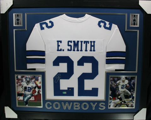 EMMITT SMITH (Cowboys white SKYLINE) Signed Autographed Framed Jersey Beckett