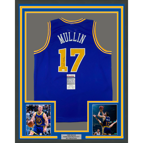 Framed Autographed/Signed Chris Mullin 33x42 Golden State Blue Jersey JSA COA
