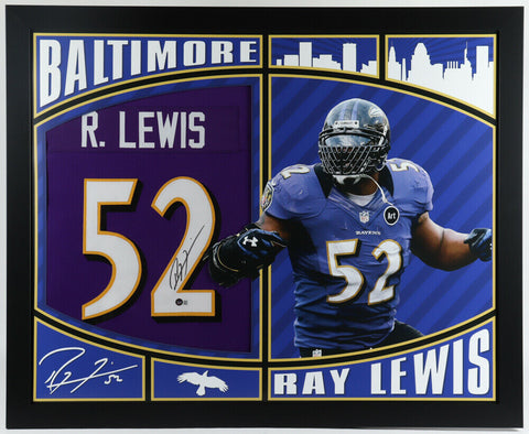 Ray Lewis Signed Baltimore Raven 35x43 Framed Jersey (Beckett COA) U of Miami LB