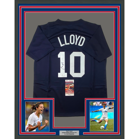 Framed Autographed Carli Lloyd 33x42 Navy Blue Team USA World Cup Jersey JSA COA