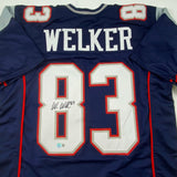 Autographed/Signed Wes Welker New England Blue Football Jersey Beckett BAS COA