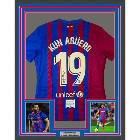 Framed Autographed/Signed Sergio Kun Aguero 33x42 FC Barcelona Jersey BAS COA