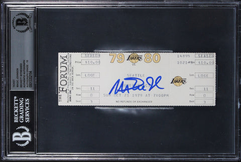Magic Johnson Signed 10/21/1979 Supersonics Vs. Lakers Ticket Auto 10! BAS Slab