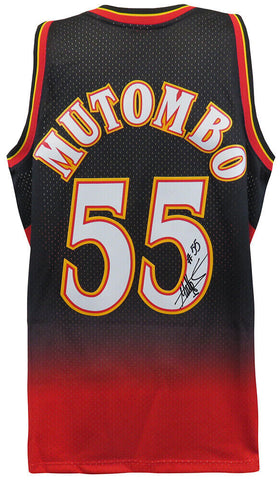 Dikembe Mutombo Signed Hawks 1996 M&N Black/Red Swingman Road Jersey - (SS COA)