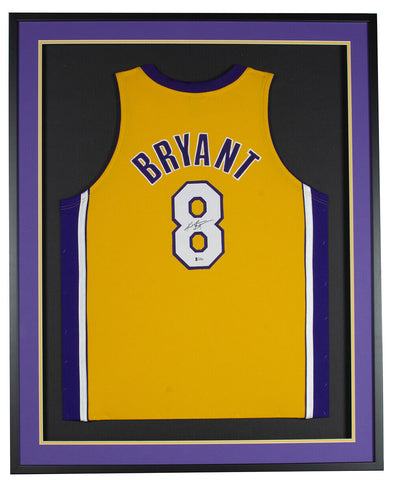 Kobe Bryant Signed Framed 36x42 Custom Yellow Basketball Jersey BAS LOA