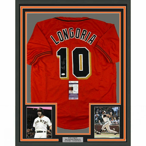 FRAMED Autographed/Signed EVAN LONGORIA 33x42 SF Orange Baseball Jersey JSA COA