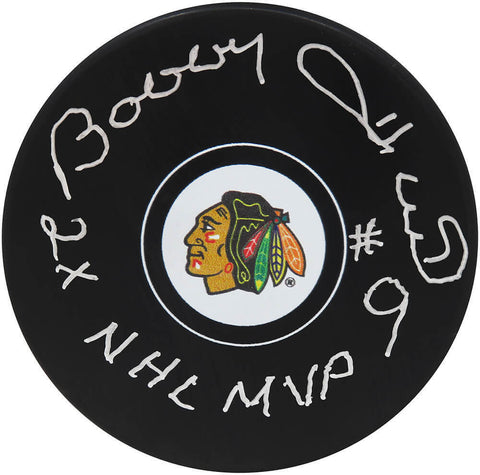 Bobby Hull Signed Chicago Blackhawks Team Logo Hockey Puck w/2x NHL MVP (SS COA)
