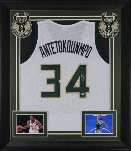 Giannis Antetokounmpo Signed White Pro Style Framed Jersey BAS Witnessed