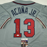 Autographed/Signed RONALD ACUNA JR. Atlanta Grey Baseball Jersey JSA COA Auto