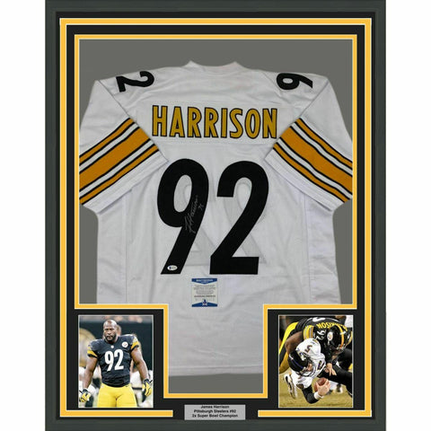 FRAMED Autographed/Signed JAMES HARRISON 33x42 Pittsburgh White Jersey BAS COA
