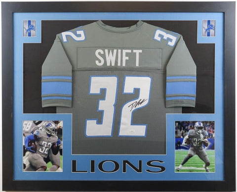D'Andre Swift Signed 35x43 Framed Detroit Lion Jersey (JSA COA) 2020 2nd Rnd Pck