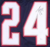Ty Law Signed New England Patriots Blue Jersey (JSA COA) 3xSuper Bowl Champion