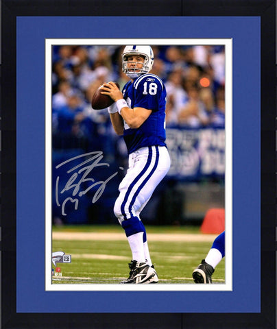 Framed Peyton Manning Indianapolis Colts Signed 8x10 Blue Throwing Photograph