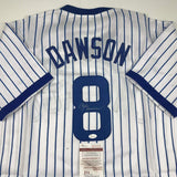 Autographed/Signed Andre Dawson Chicago White Pinstripe Baseball Jersey JSA COA