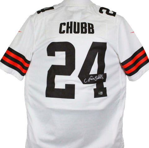 Nick Chubb Autographed Cleveland Browns White Nike Game Jersey- Beckett W Holo