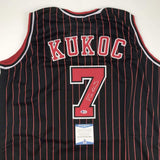 Autographed/Signed Toni Kukoc Chicago Black Pinstripe Basketball Jersey BAS COA