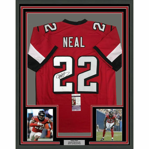 FRAMED Autographed/Signed KEANU NEAL 33x42 Atlanta Red Football Jersey JSA COA