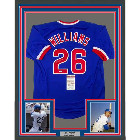 Framed Autographed/Signed Billy Williams 33x42 Chicago Blue Baseball Jersey JSA
