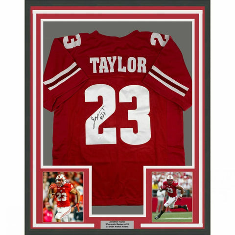 FRAMED Autographed/Signed JONATHAN TAYLOR 33x42 Wisconsin Red Jersey JSA COA