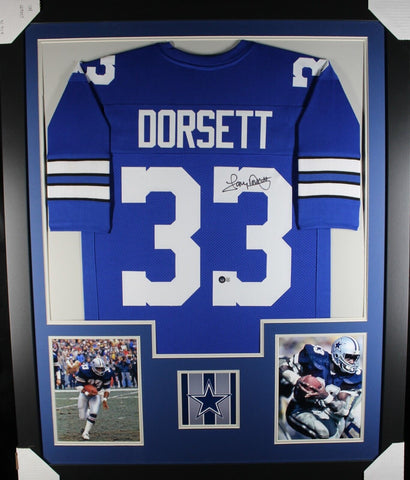 TONY DORSETT (Cowboys blue TOWER) Signed Autographed Framed Jersey JSA