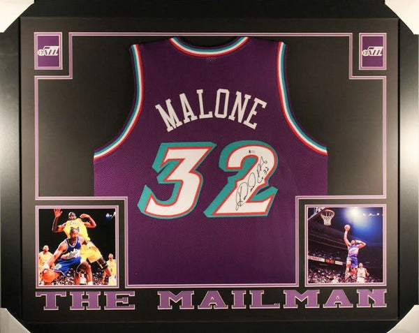 Karl Malone Signed Jazz 35" x 43" Custom Framed Jersey (Beckett) The Mailman !