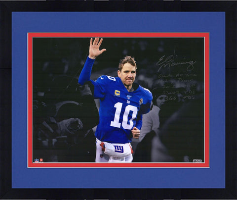 FRMD Eli Manning Giants Signed 16x20 Last Game Photo with Multiple Stat Inscs