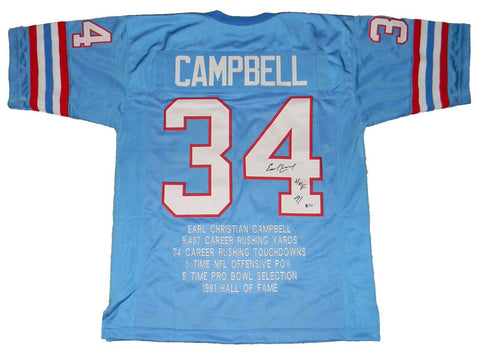 EARL CAMPBELL SIGNED AUTOGRAPHED HOUSTON OILERS #34 STAT JERSEY BAS W/ HOF 91