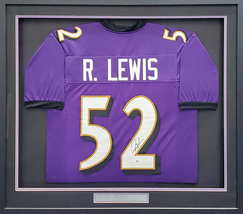 RAVENS RAY LEWIS AUTOGRAPHED SIGNED PURPLE CUSTOM FRAMED JERSEY BECKETT 185766