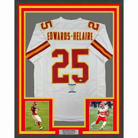 FRAMED Autographed/Signed CLYDE EDWARDS-HELAIRE 33x42 KC White Jersey BAS COA