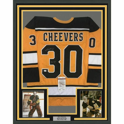 FRAMED Autographed/Signed GERRY CHEEVERS HOF 33x42 Boston Yellow Jersey JSA COA
