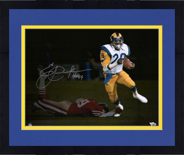 FRMD Eric Dickerson Rams Signed 16x20 White Running Photo with "HOF 99" Insc