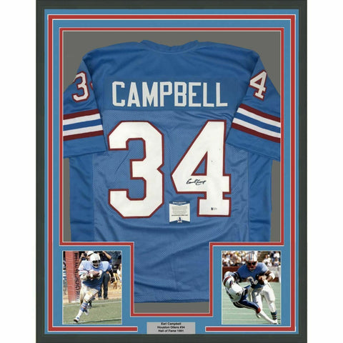 FRAMED Autographed/Signed EARL CAMPBELL 33x42 Houston Blue Jersey Beckett COA