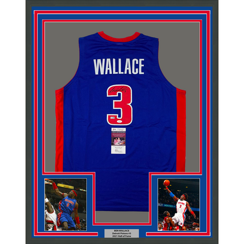 Framed Autographed/Signed Ben Wallace 33x42 Detroit Blue Jersey JSA COA