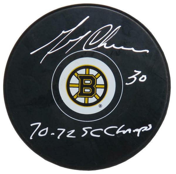 GERRY CHEEVERS Signed Boston Bruins Logo Hockey Puck w/70, 72 SC Champs - SS