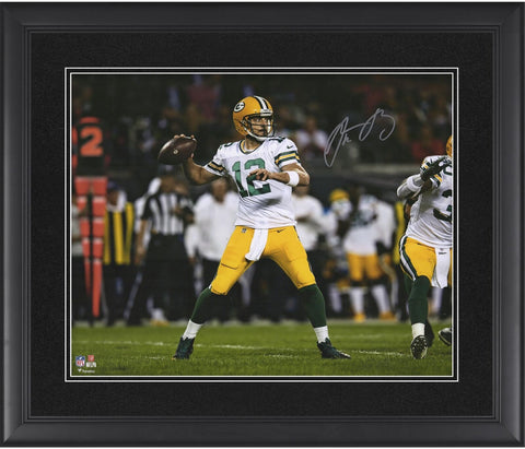 Aaron Rodgers Green Bay Packers Framed Signed 16x20 White Jersey Passing Photo