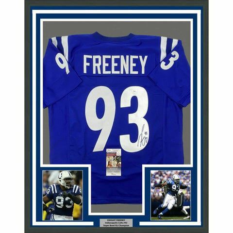 FRAMED Autographed/Signed DWIGHT FREENEY 33x42 Indianapolis Blue Jersey JSA COA